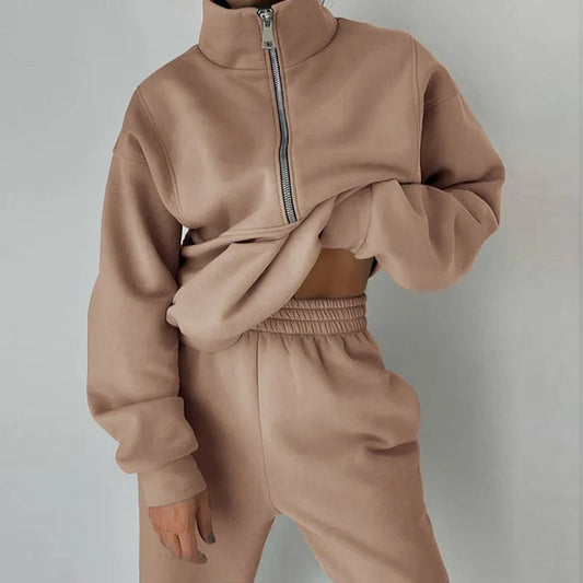 Ensemble de survêtement femme – Coupe décontractée – Col zippé – Taille élastique