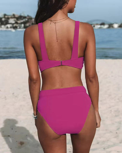 Bikini femme – Ensemble taille haute – Haut décolleté en V – Tissu stretch respirant