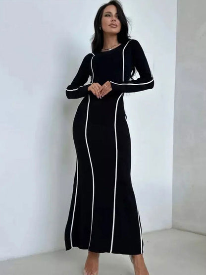 Robe longue élégante à manches longues pour femme – Rayures contrastées – Coupe moulante