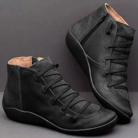 Bottines Femme – Cuir Lisse – Lacets Avant – Fermeture Zip – Empiècements Texturés