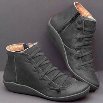 Bottines Femme – Cuir Lisse – Lacets Avant – Fermeture Zip – Empiècements Texturés