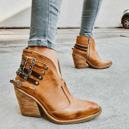 Bottines Femme - Talon Bloc Confort - Cuir Lisse et Texturé - Boucles et Clous Tendance