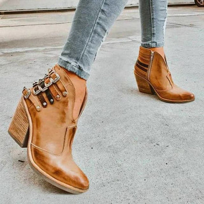 Bottines Femme - Talon Bloc Confort - Cuir Lisse et Texturé - Boucles et Clous Tendance