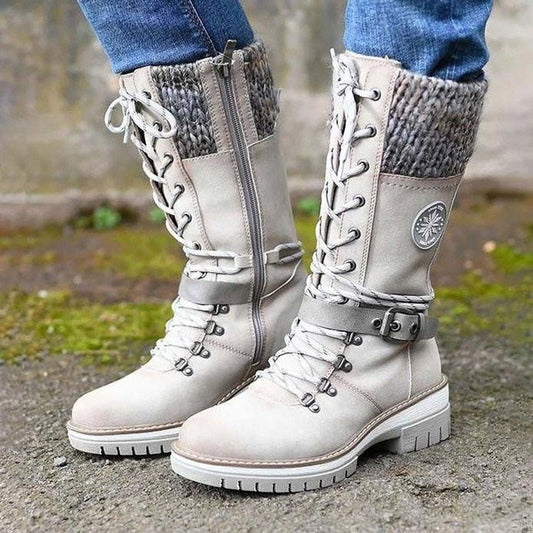 Bottes femme mi-mollet – finition lisse – revers tricoté – lacets – semelle crantée