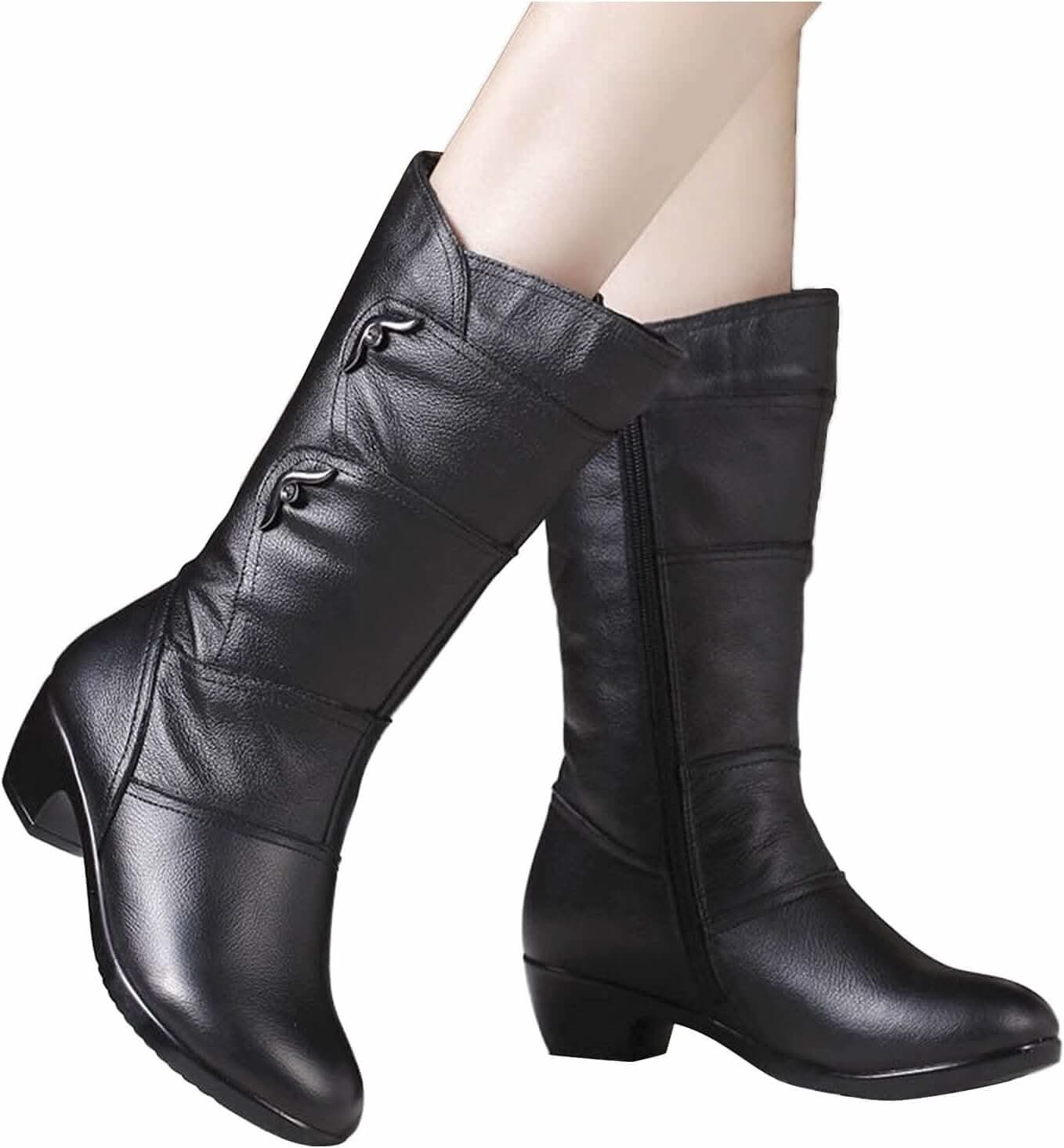 Bottes Femme - Cuir Élégant - Talon Bas Confortable - Fermeture Éclair Pratique