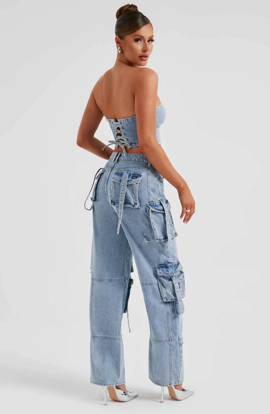 Corset femme en denim – Coupe structurée – Dos lacé – Style court décontracté