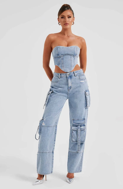 Corset femme en denim – Coupe structurée – Dos lacé – Style court décontracté