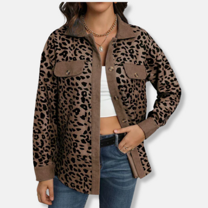 Femme Surchemise - Velours Côtelé - Coupe Décontractée - Col Pointu - Imprimé Léopard