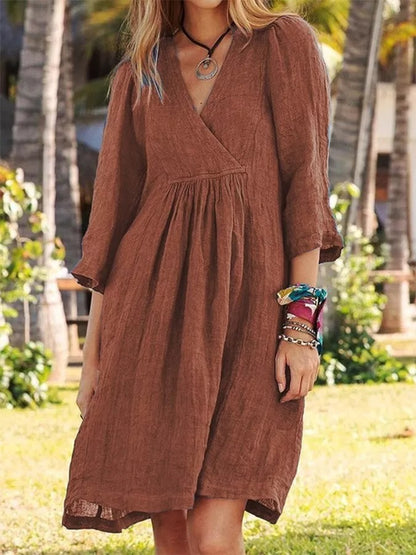 Julia - Robe portefeuille à col en V pour femme - Manches 3/4 - Tenue d'été décontractée