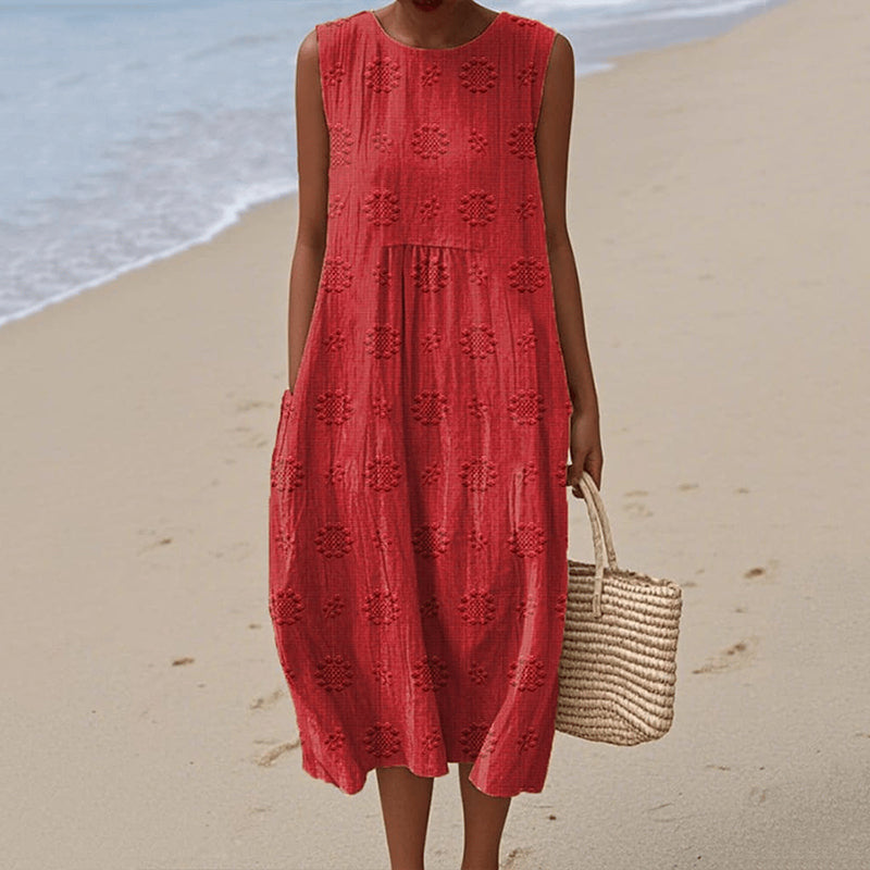 Robe midi sans manches femme – Coupe ample – Fibres naturelles – Imprimé floral – Poches