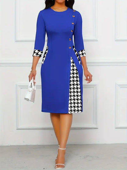 Robe Femme Élégante - Coupe Ajustée Évasée - Col Rond - Manches 3/4 - Détails Boutons