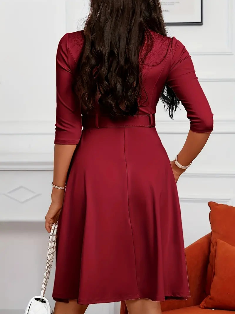 Robe Femme A-Ligne - Longueur Genou - Manches 3/4 - Col Rond avec Zip - Ceinture Ajustable