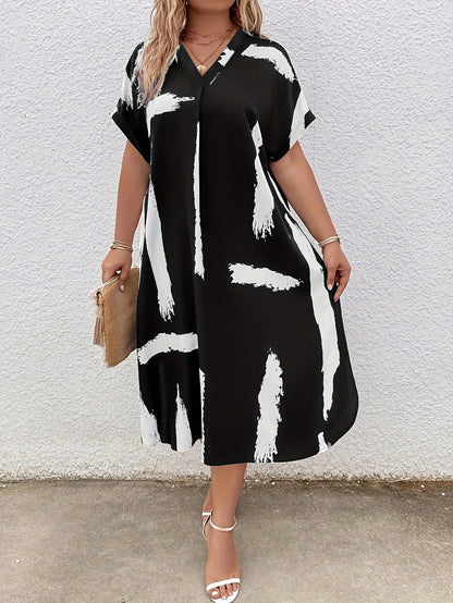 Robe Midi Femme - Coupe Ample - Manches Courtes - Col V Élégant - Motif Artistique