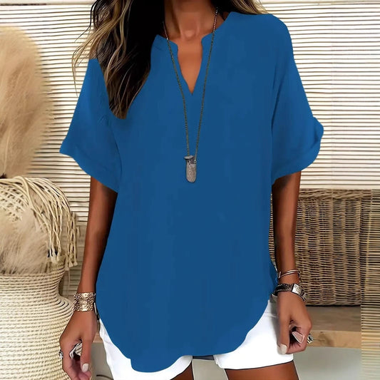 Blouse femme – Coupe décontractée – Manches courtes – Col en V – Fibres naturelles