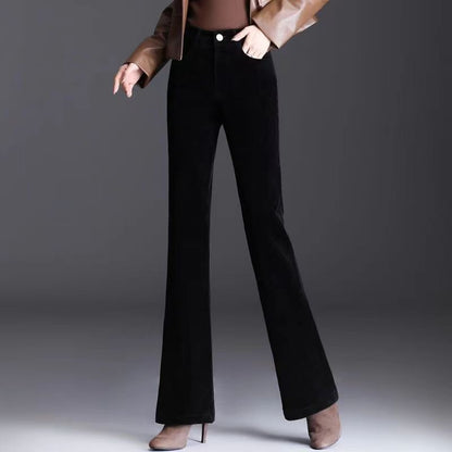 Femme Pantalon - Velours Côtelé - Taille Haute - Coupe Évasée - Longueur Complète