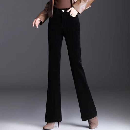 Femme Pantalon - Velours Côtelé - Taille Haute - Coupe Évasée - Longueur Complète