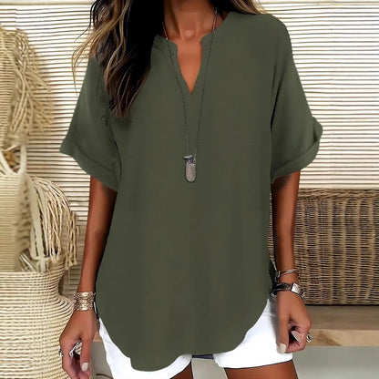 Blouse femme – Coupe décontractée – Manches courtes – Col en V – Fibres naturelles