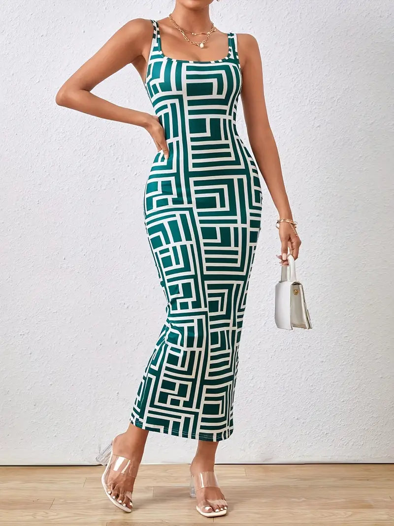 Robe Midi Femme - Coupe Ajustée - Sans Manches - Encolure Carrée - Style Moderne