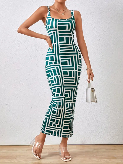 Robe Midi Femme - Coupe Ajustée - Sans Manches - Encolure Carrée - Style Moderne