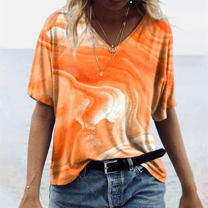 T-shirt col V femme – Coupe décontractée – Manches courtes – Motif boho – Tissu respirant
