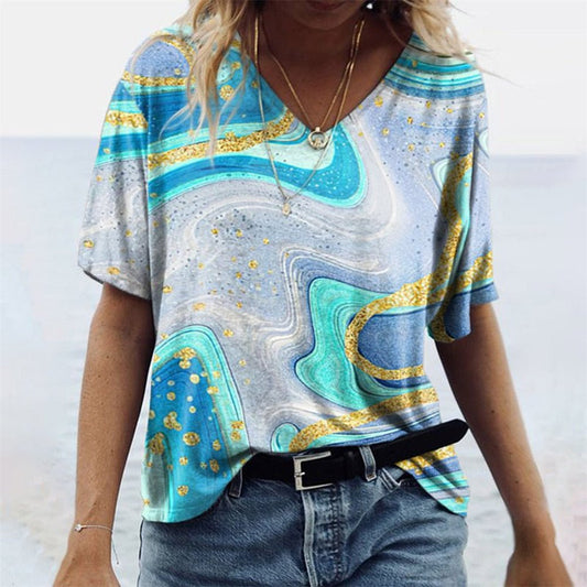 T-shirt col V femme – Coupe décontractée – Manches courtes – Motif boho – Tissu respirant
