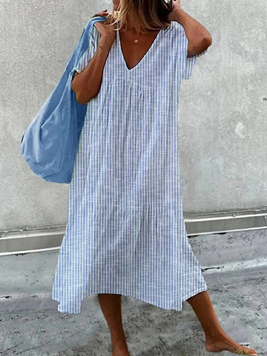 Robe midi femme – Coupe ample – Rayée – Manches courtes – Tissu respirant