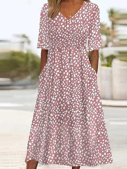 Robe midi femme – Coupe évasée – Col en V – Manches courtes – Tissu respirant – Poches