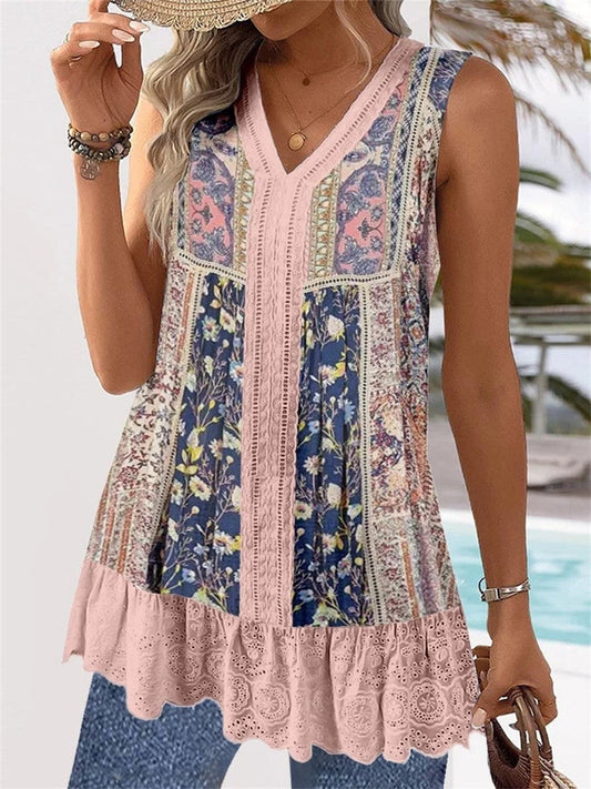 Top sans manches femme – Coupe décontractée – Décolleté en V – Finitions brodées boho