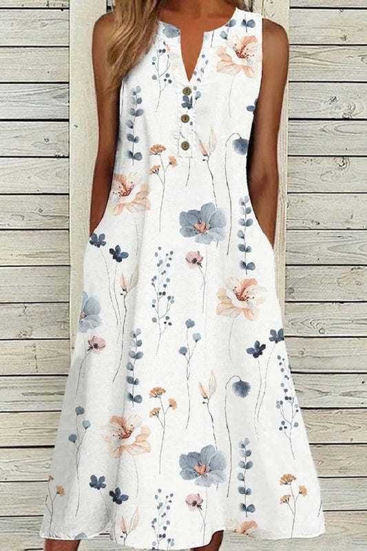 Robe midi femme – Coupe décontractée – Sans manches – Col V – Imprimé fleuri – Tissu respirant