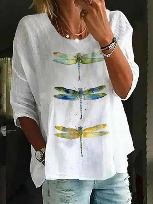 Blouse femme – Coupe décontractée – Col rond – Manches coudes – Motif libellules