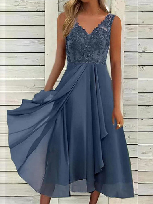 Robe midi sans manches femme – Encolure en V – Dentelle – Coupe évasée fluide