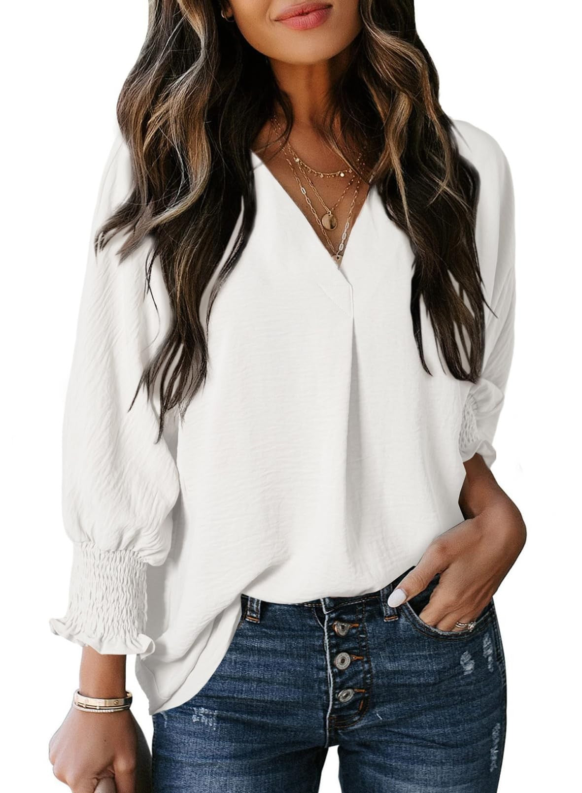 T-shirt femme – Col en V – Manches 3/4 smockées – Coupe ample – Maille douce