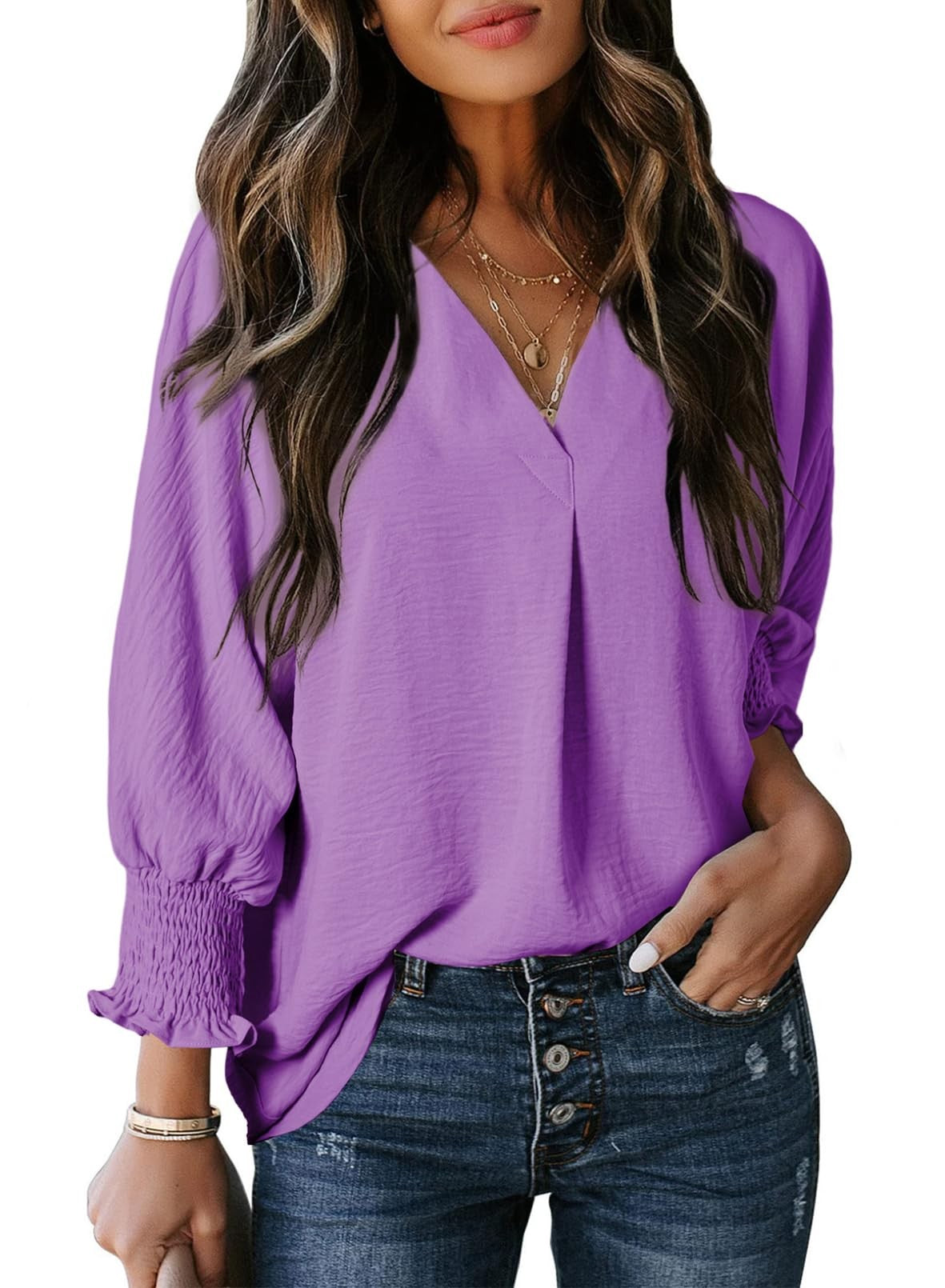 T-shirt femme – Col en V – Manches 3/4 smockées – Coupe ample – Maille douce