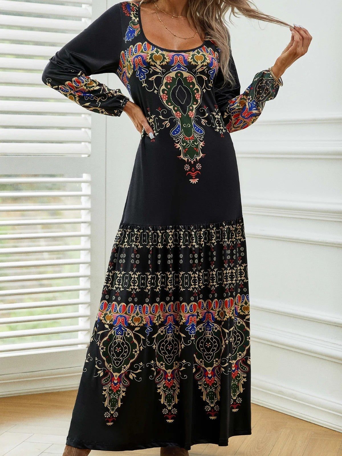 Robe longue femme – Coupe fluide – Imprimé vintage – Manches longues – Tissu respirant