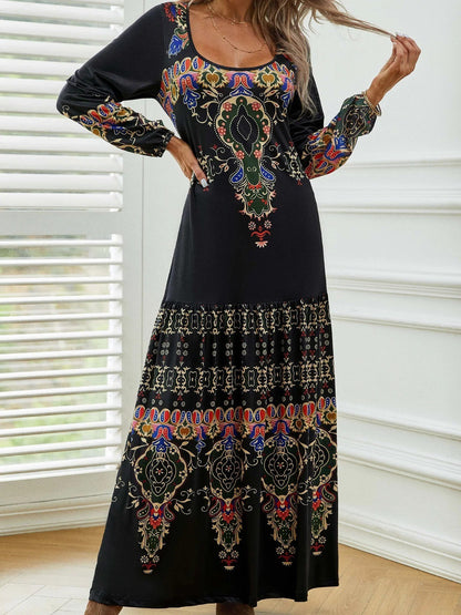 Robe longue femme – Coupe fluide – Imprimé vintage – Manches longues – Tissu respirant