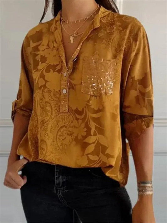 Blouse tunique femme – Coupe ample – Motif fleuri – Tissu luxueux – Décolleté boutonné
