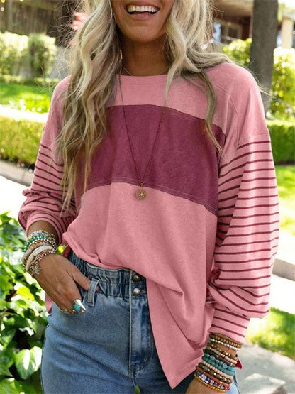 Blouse femme – Coupe oversize – Manches longues à motifs – Col rond – Tissu respirant