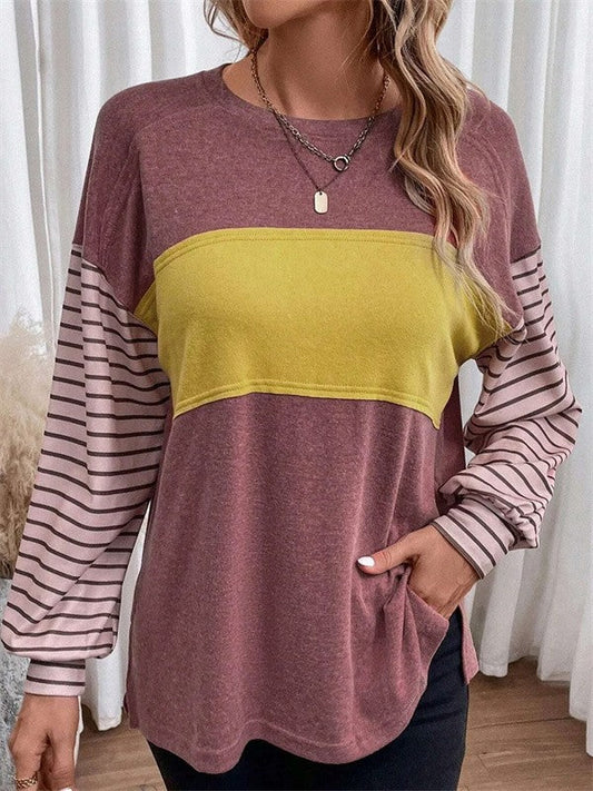 Blouse femme – Coupe oversize – Manches longues à motifs – Col rond – Tissu respirant