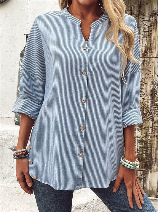 Blouse femme – Coupe ample – Fibres naturelles – Manches longues retroussées – Col rond