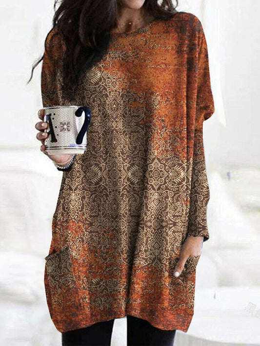 Blouse femme décontractée – Coupe ample – Manches longues – Col rond – Motif abstrait