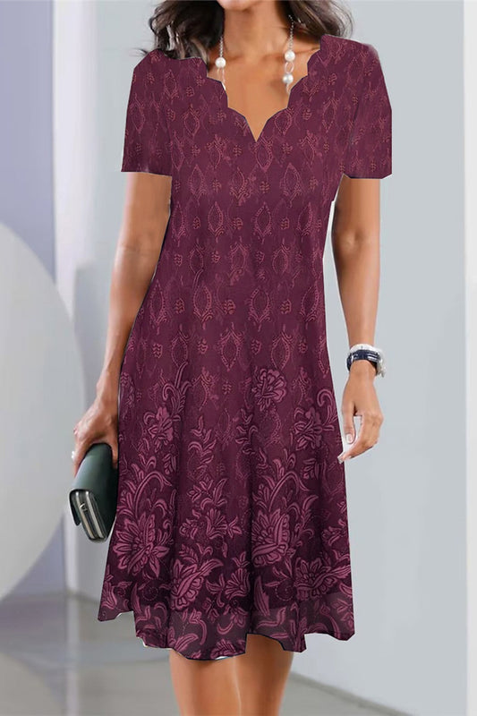 Robe midi femme – Coupe évasée – Encolure festonnée – Tissu respirant – Manches courtes