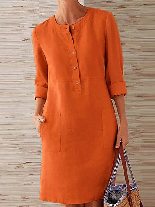 Robe midi femme – Coupe décontractée – Fibres naturelles – Manches longues – Poches