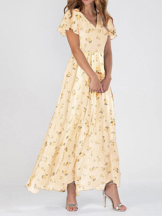 Robe longue femme – Col en V – Manches volantes – Coupe fluide – Tissu respirant