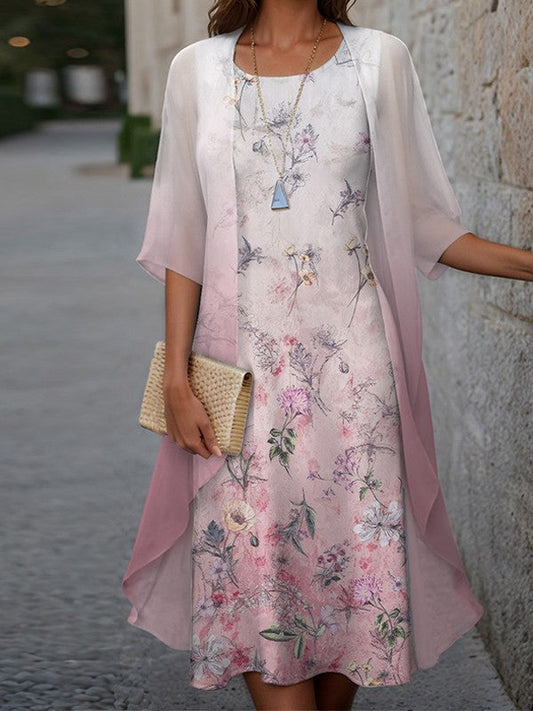 Robe deux pièces femme – Coupe fluide – Voile léger – Imprimé fleuri – Longueur midi
