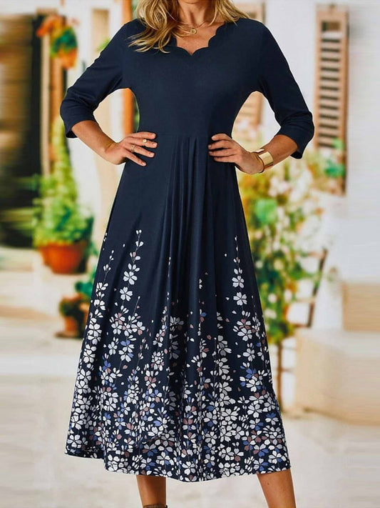 Robe midi femme – Coupe évasée – Col festonné – Manches 3/4 – Tissu respirant