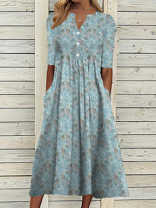 Robe mi-longue femme – Coupe ample – Décolleté en V – Imprimé fleuri – Tissu léger
