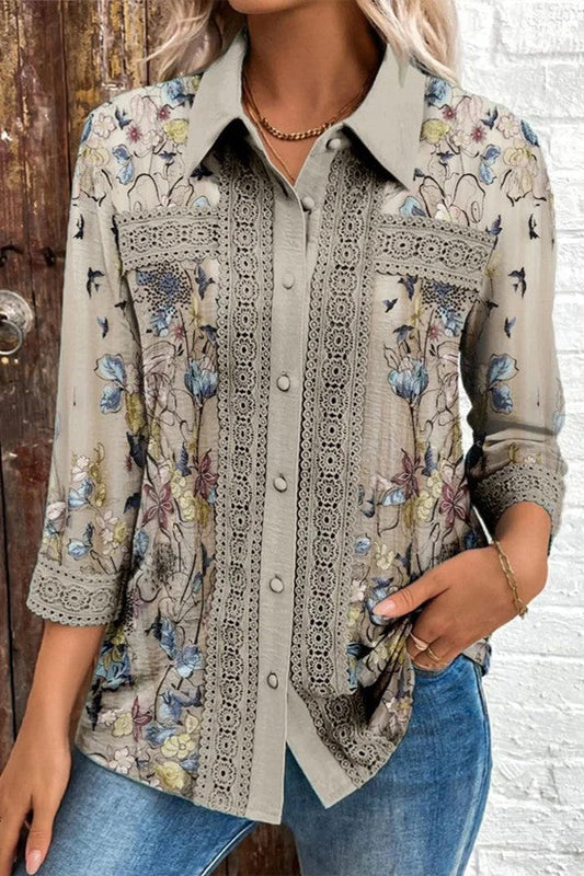 Blouse femme – Coupe ample – Manches 3/4 – Motif floral – Finition dentelle – Tissu respirant
