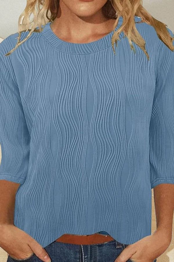 T-shirt femme manches trois-quarts – Coupe ample – Maille douce à texture côtelée – Col rond