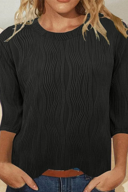 T-shirt femme manches trois-quarts – Coupe ample – Maille douce à texture côtelée – Col rond