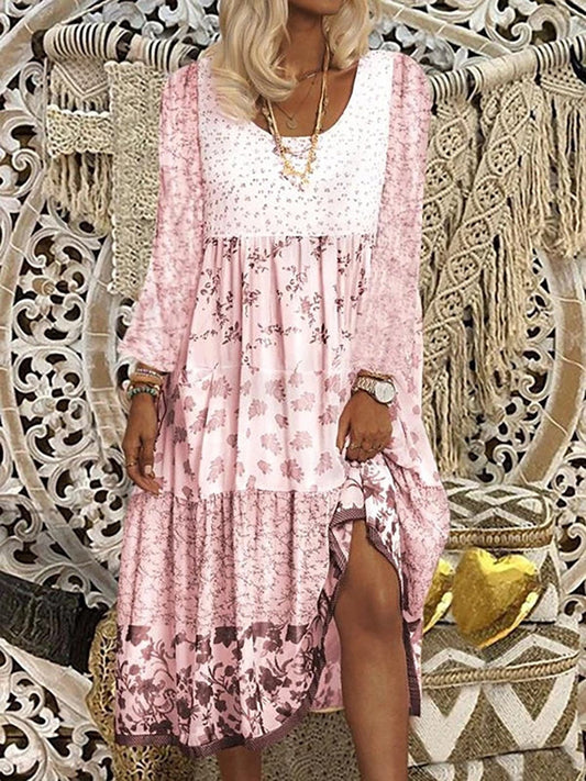 Robe midi femme – Coupe ample – Manches longues – Imprimé fleuri – Tissu respirant